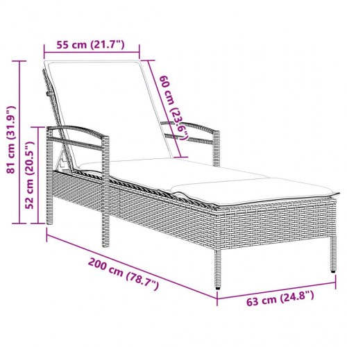 Liggestol med hynde 63x200x81 cm polyrattan sort