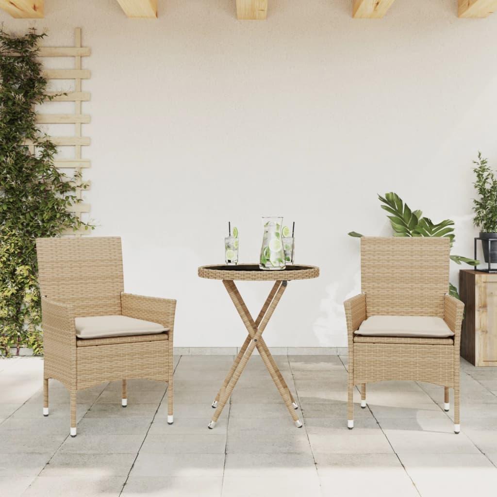 Bistrosæt Til Haven 3 Dele Med Hynder Polyrattan Og Glas - beige og cremefarvet / Armlæn i rattan