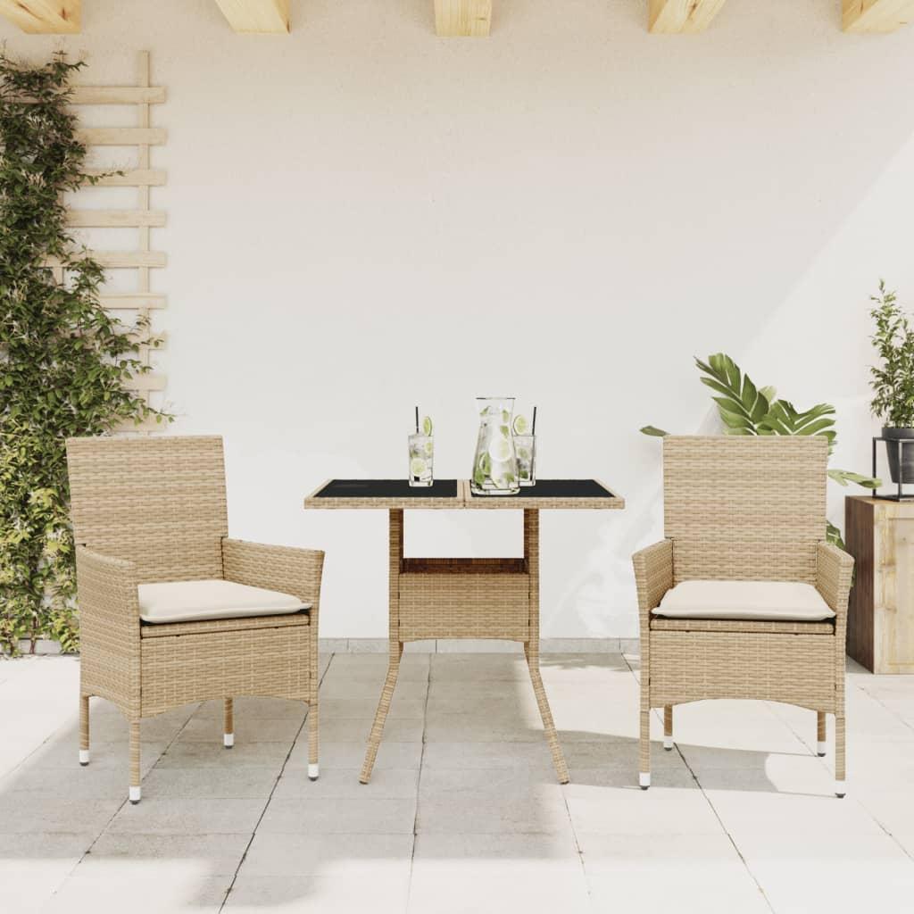 Spisebordssæt Til Haven 3 Dele Med Hynder Polyrattan Og Glas - 2 / beige og cremefarvet