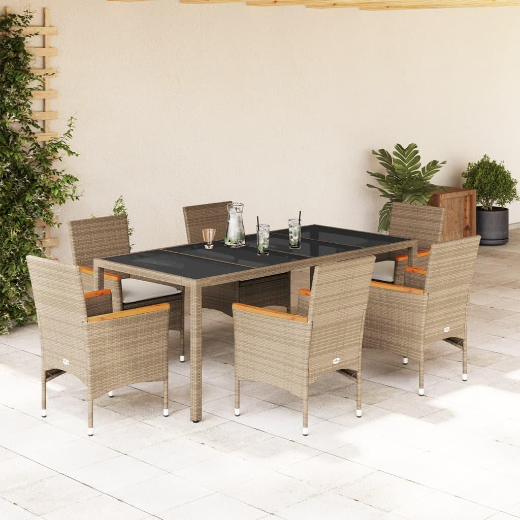 Spisebordssæt til haven 7 dele med hynder polyrattan og glas