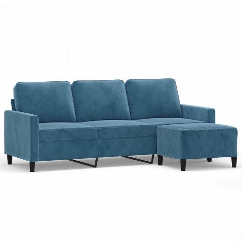 3-personers sofa med fodskammel i velour - blå, 198 cm