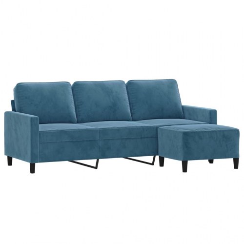 3-personers sofa med fodskammel i velour - blå, 198 cm