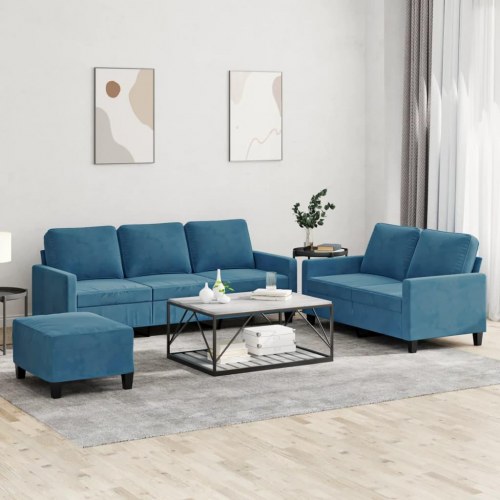 Sofasæt i velour - 3 dele med hynder, blå