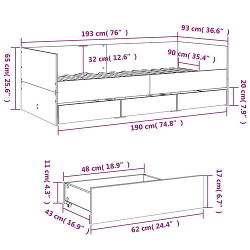 Daybed med skuffer 90x190 cm konstrueret træ hvid