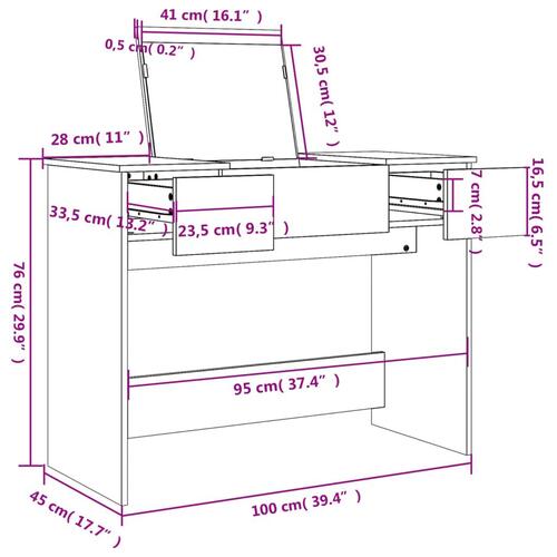 Makeupbord med spejl 100x45x76 cm betongrå
