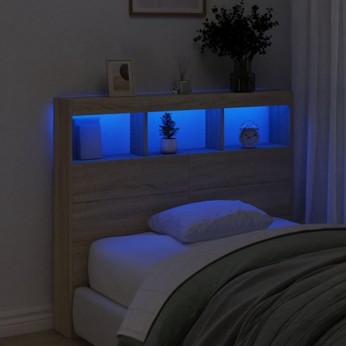 Sengegavl med opbevaring og LED-lys 120 x 17 x 102 cm - sonoma-eg