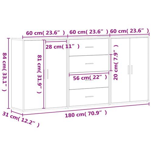 Kommoder 3 stk. 60x31x84 cm konstrueret træ sort