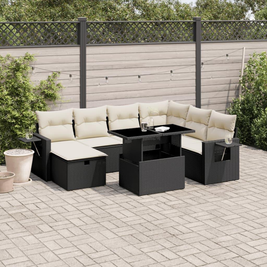 Havesofasæt i polyrattan - 8 dele med hynder, sort