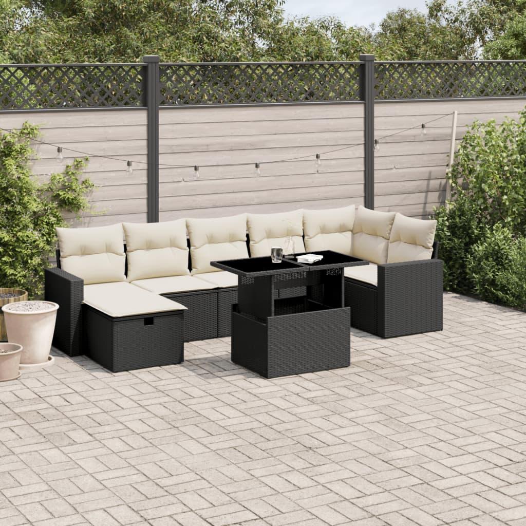Havesofasæt i polyrattan - 8 dele med hynder, sort