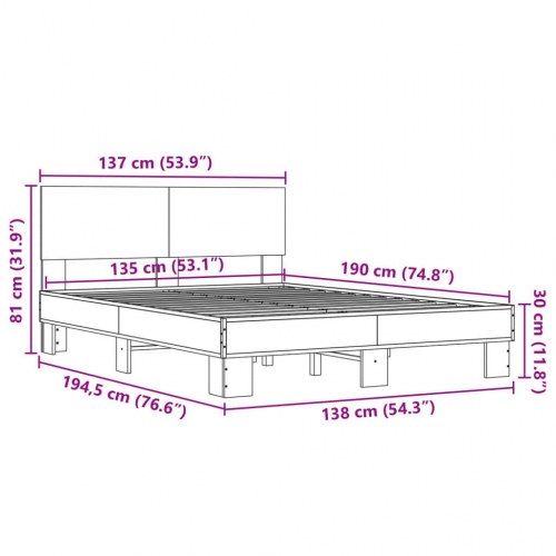 Sengestel 135x190 cm i konstrueret træ og metal - grå sonoma-eg
