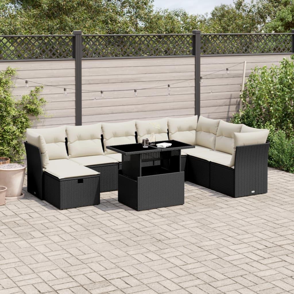 Sofasæt Til Haven 9 Dele Med Hynder Polyrattan - Sort og cremefarvet / Uden opbevaring