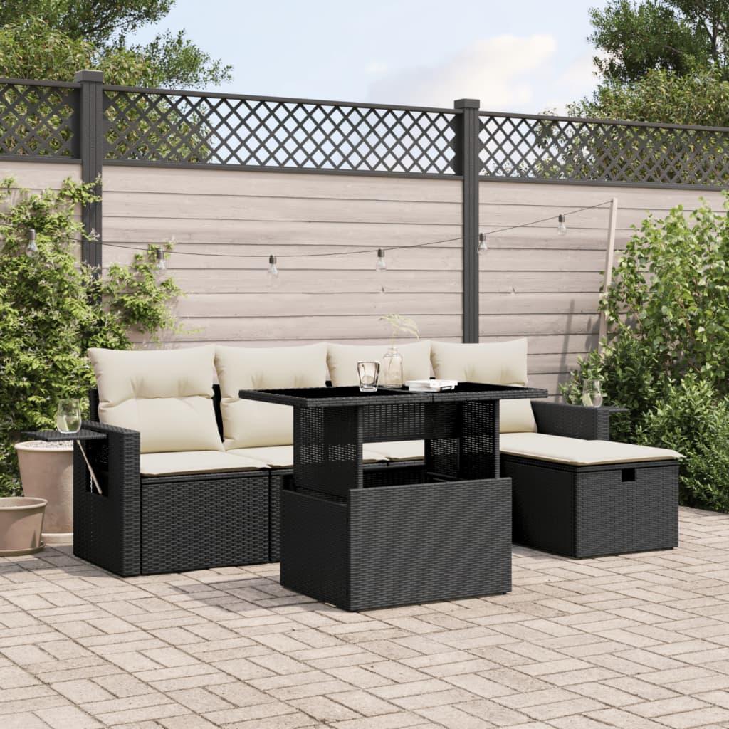 Sofasæt til haven - 6 dele i sort polyrattan med hynder