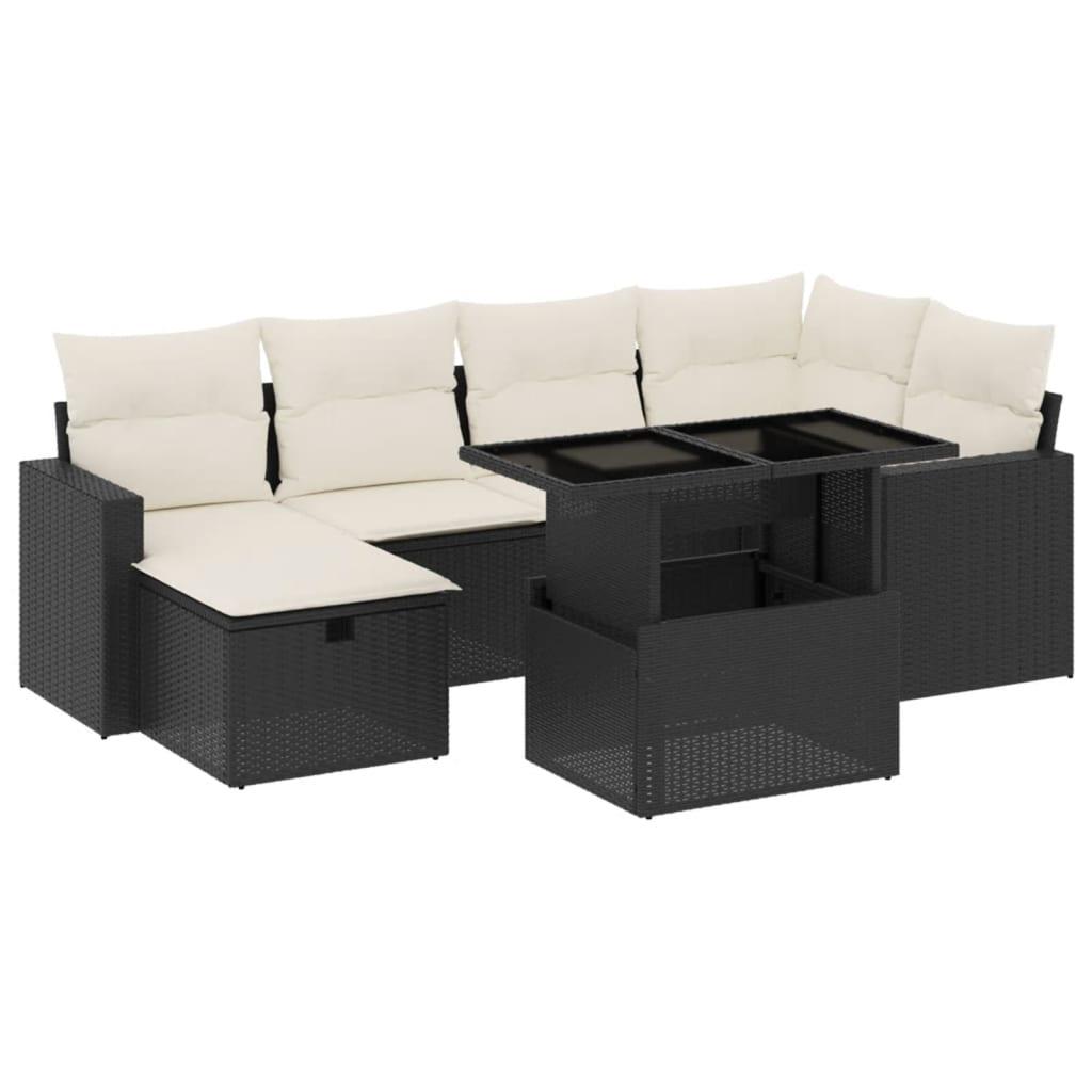Sofasæt Til Haven 7 Dele Med Hynder Polyrattan - Sort og cremefarvet / Uden opbevaring