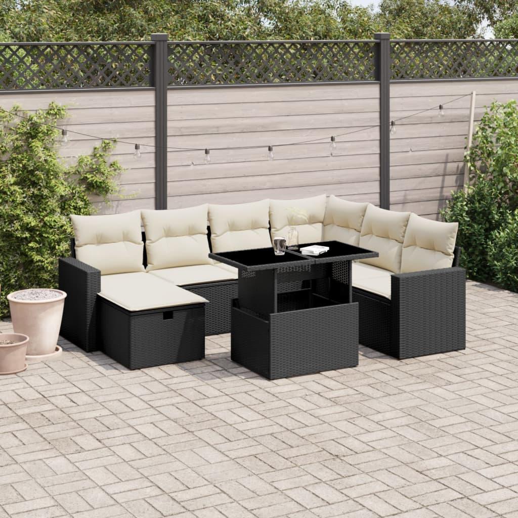 Sofasæt til haven i polyrattan - 8 dele med hynder, sort