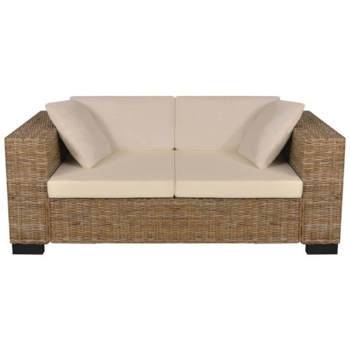 2-personers sofa i ægte rattan - natur med cremehvide hynder
