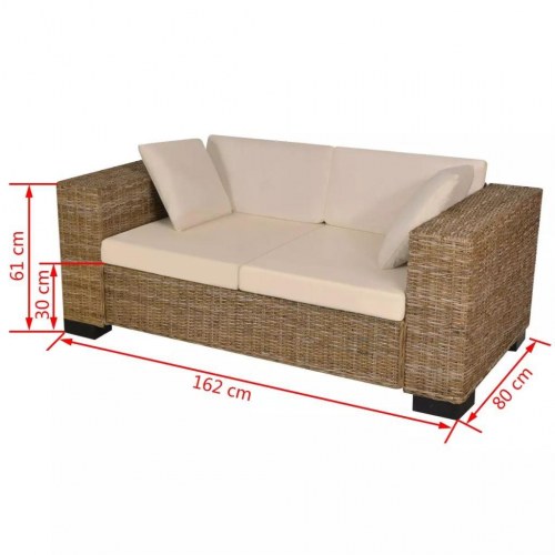 2-personers sofa i ægte rattan - natur med cremehvide hynder