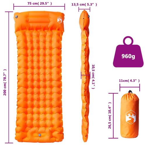 1-personers campingmadras med pude selvoppustelig orange