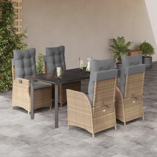 Spisebordssæt til haven 5 dele med hynder polyrattan beige