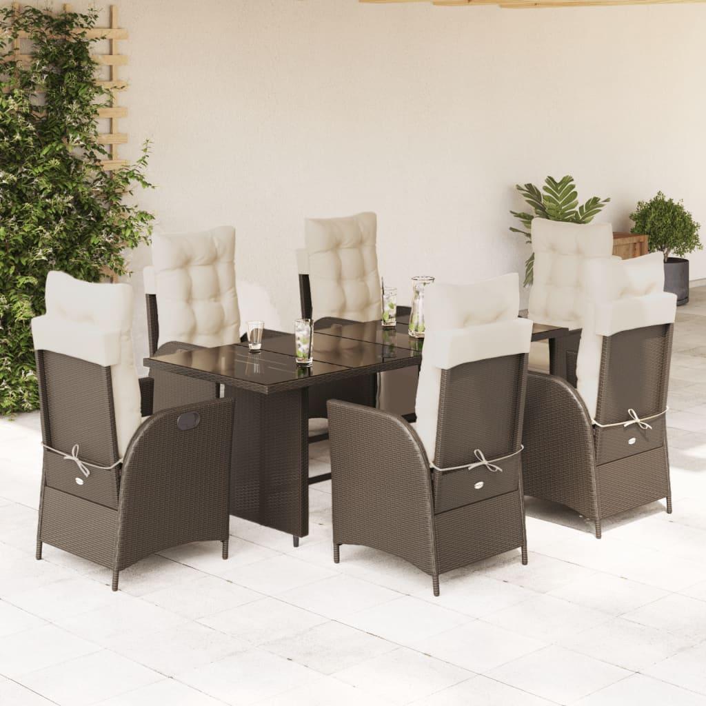 Spisebordssæt Til Haven 7 Dele Med Hynder Polyrattan Brun - 6 / Brun og cremefarvet / Glas
