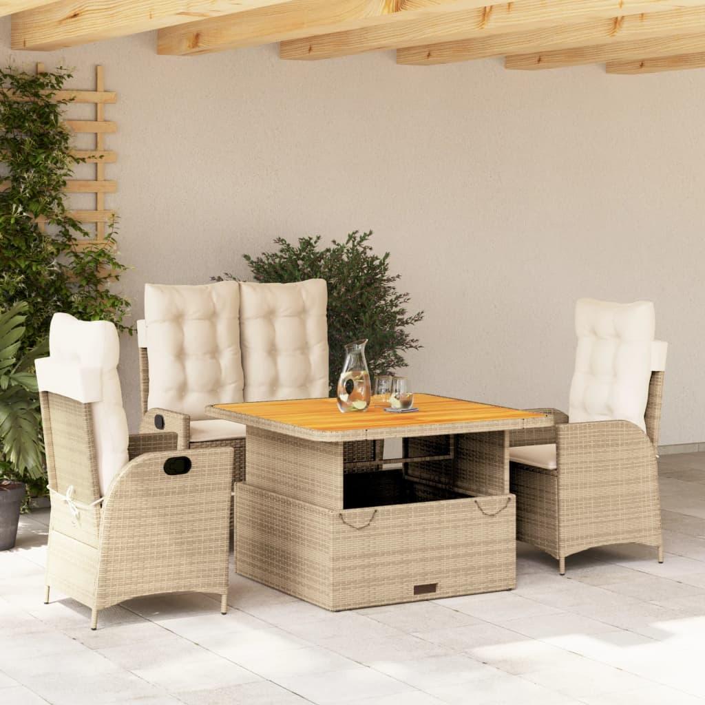 Spisebordssæt Til Haven 2 Dele Med Hynder Polyrattan Beige - 4 / Uden fodskammel / 110 cm bordlængde