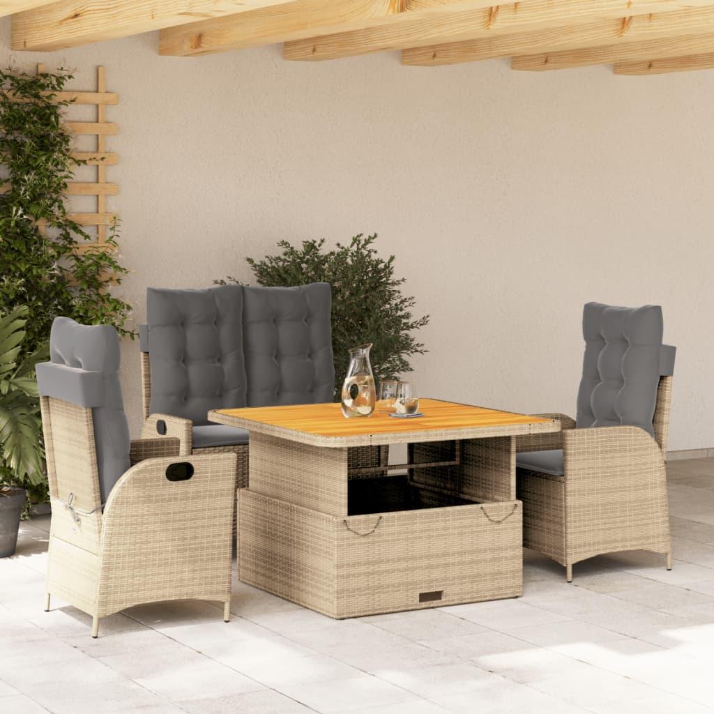 Spisebordssæt Til Haven 2 Dele Med Hynder Polyrattan Beige - 4 / Uden fodskammel / 110 cm bordlængde