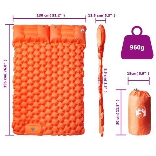 2-personers campingmadras med puder selvoppustelig orange