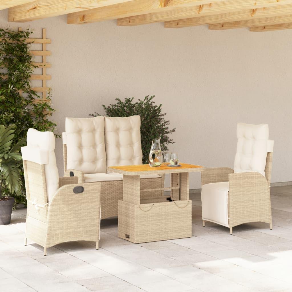 Spisebordssæt Til Haven 2 Dele Med Hynder Polyrattan Beige - 4 / Med fodskammel / 90 cm bordlængde