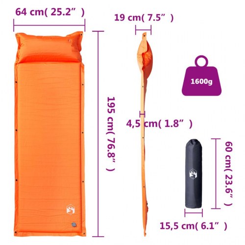 Selvoppustelig 1-personers campingmadras med pude - orange
