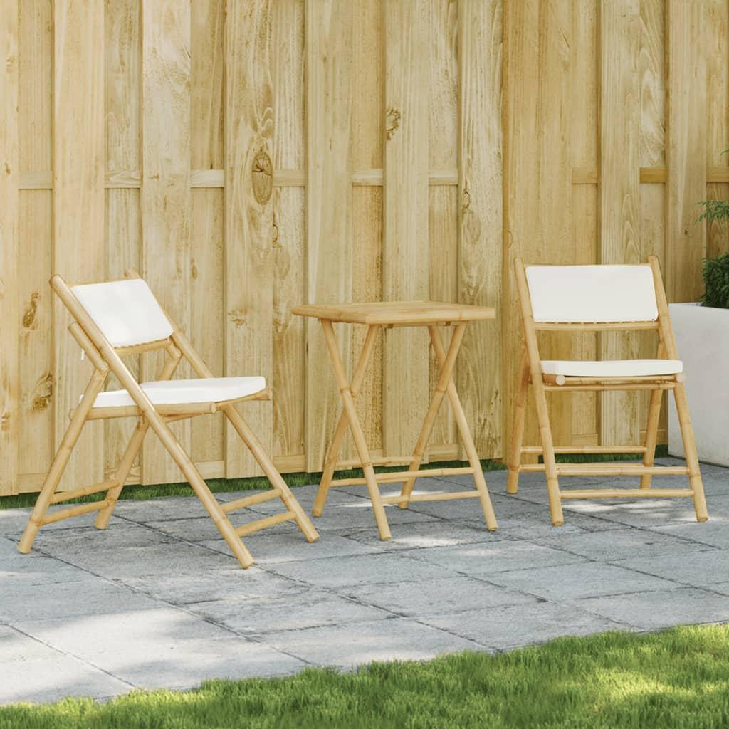 Bistrostole 3 stk. foldbare med cremehvide hynder bambus
