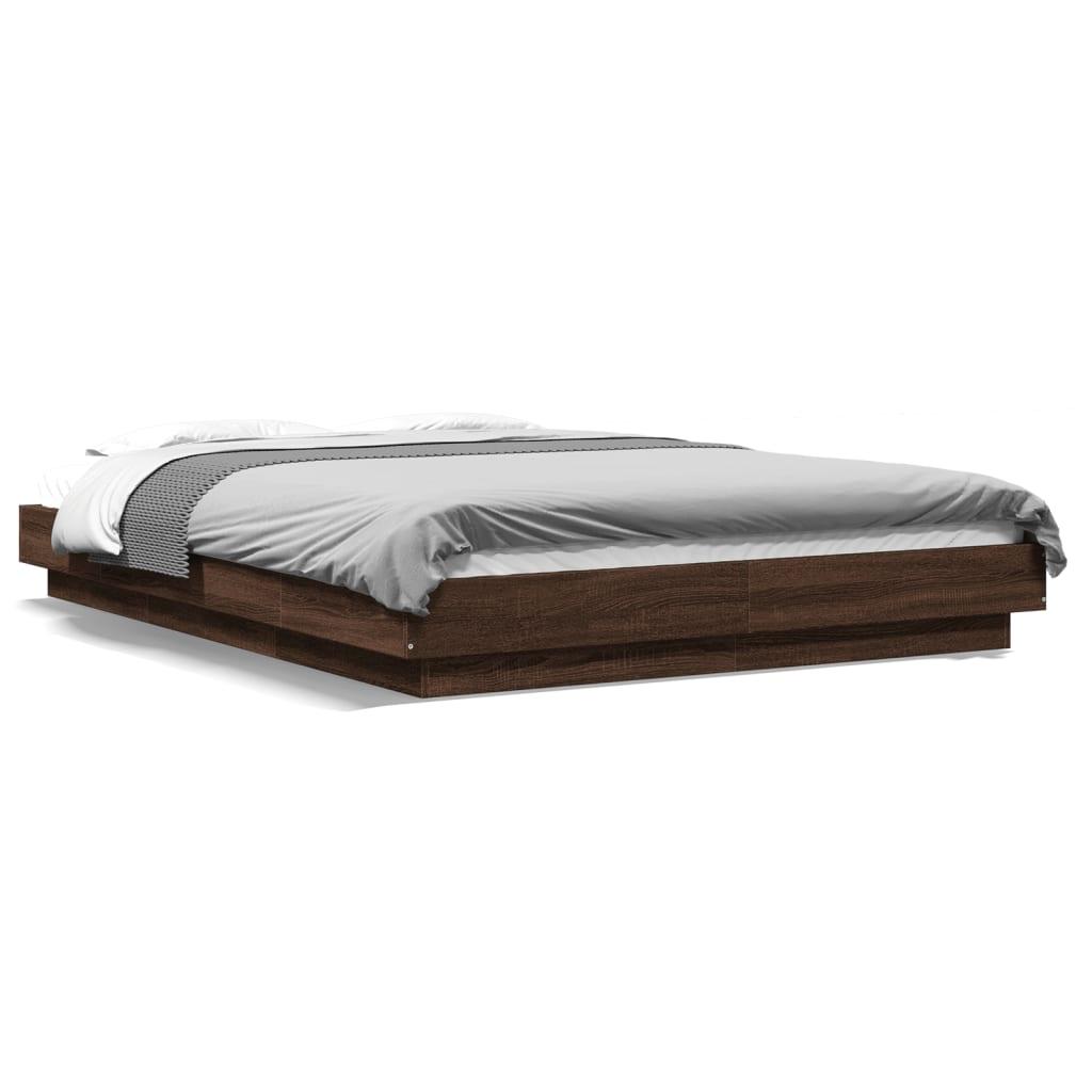 Sengeramme med LED-lys 140x190 cm konstrueret træ brunt eg