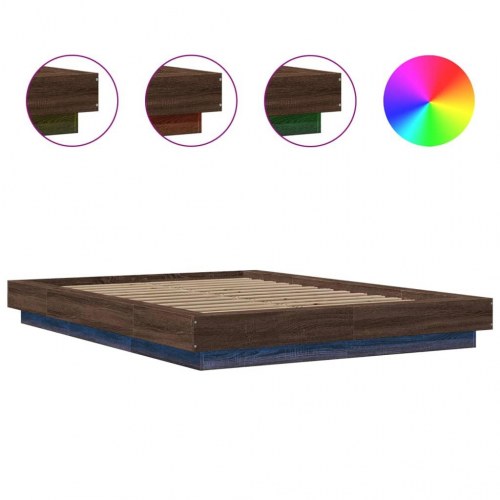 Sengeramme med LED-lys 140x190 cm konstrueret træ brunt eg