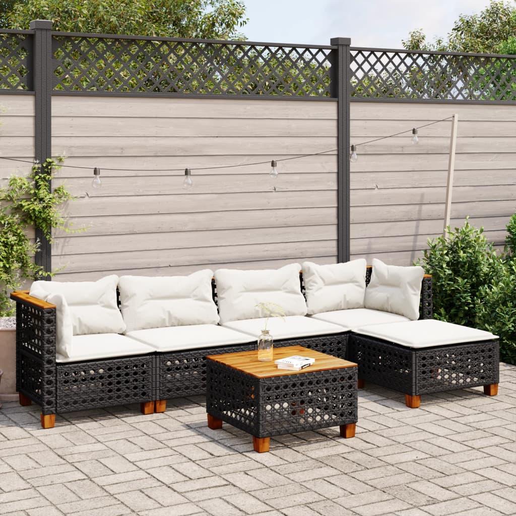 Sofasæt Til Haven 5 Dele Med Hynder Polyrattan Sort - hulvævning / Med bord