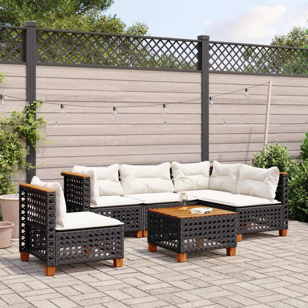 Sofasæt Til Haven 5 Dele Med Hynder Polyrattan Sort - hulvævning / Med bord