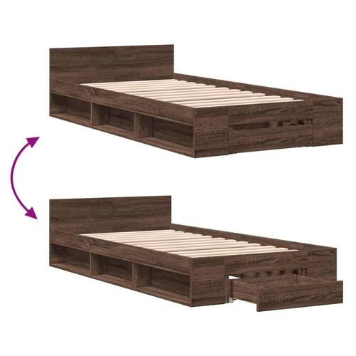 Sengeramme med skuffe 100x200 cm konstrueret træ brunt egetræ