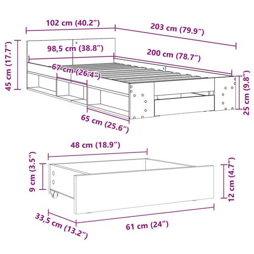 Sengeramme med skuffe 100x200 cm konstrueret træ brunt egetræ