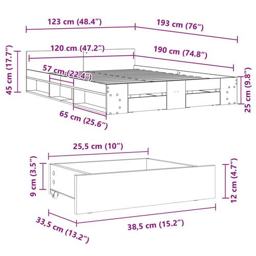 Sengeramme med skuffer 120x190 cm konstrueret træ sonoma-eg
