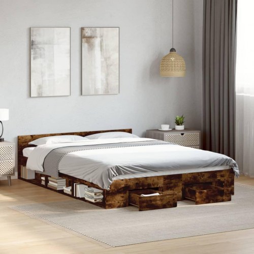 Sengeramme med skuffer 135 x 190 cm - røget egetræ