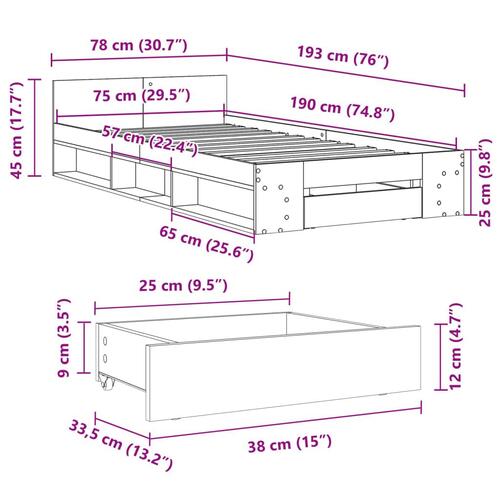 Sengeramme med skuffe 75x190 cm konstrueret træ grå sonoma-eg