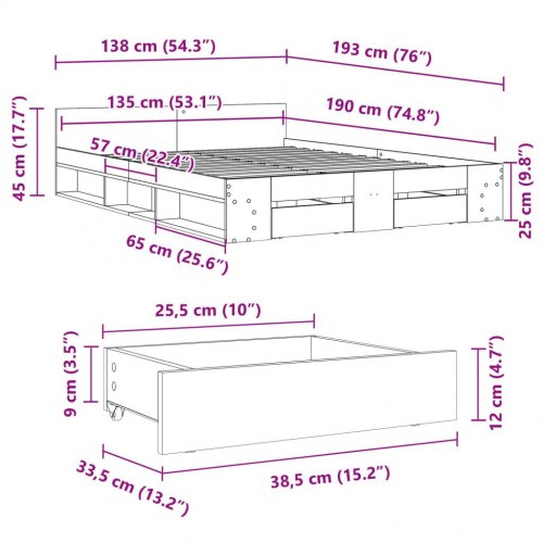 Sengeramme med skuffer 135 x 190 cm - grå sonoma-eg