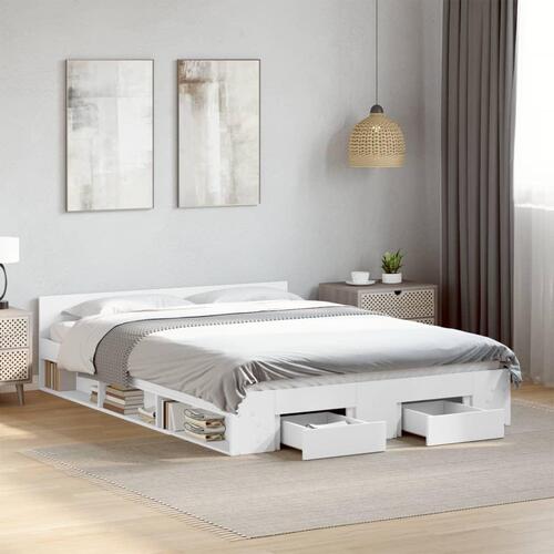 Sengeramme med skuffer 135x190 cm konstrueret træ hvid højglans