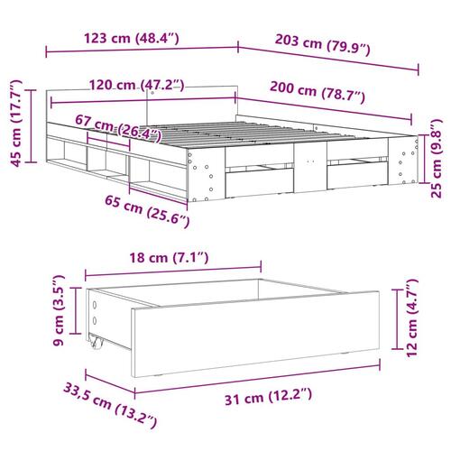 Sengeramme med skuffer 120x200 cm konstrueret træ sonoma-eg