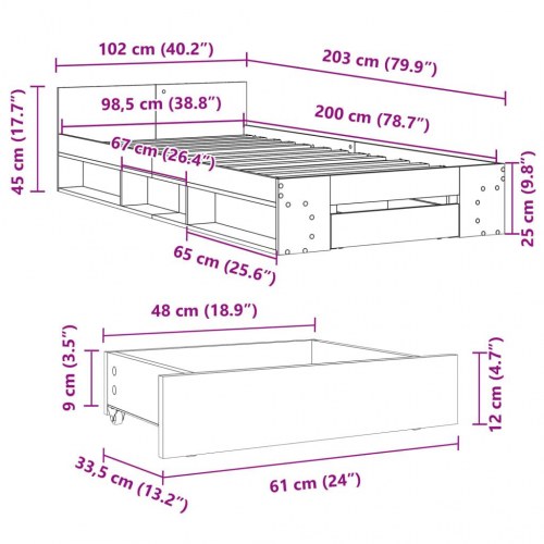 Sengeramme med skuffe 100 x 200 cm - grå sonoma-eg