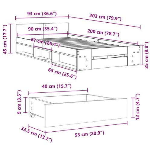 Sengeramme med skuffe 90x200 cm konstrueret træ røget eg