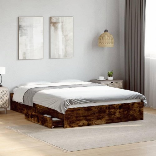 Sengeramme med 4 skuffer 135 x 190 cm - røget egetræ