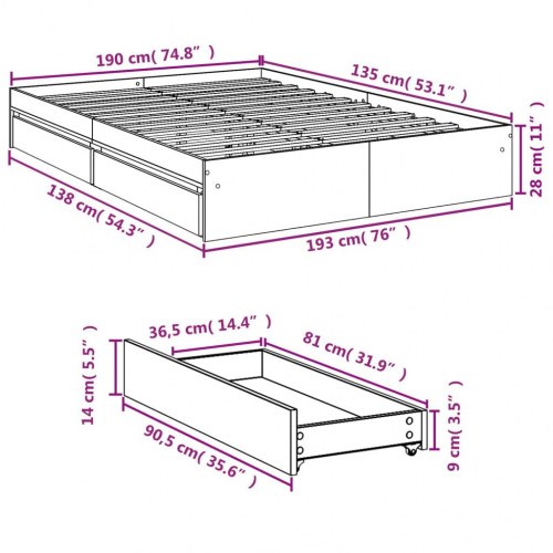 Sengeramme med 4 skuffer 135 x 190 cm - røget egetræ