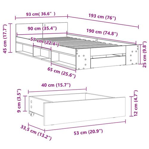 Sengeramme med skuffe 90x190 cm konstrueret træ brunt egetræ