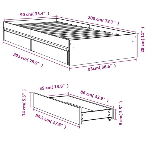Sengeramme med 4 skuffer 90 x 200 cm - grå sonoma-eg