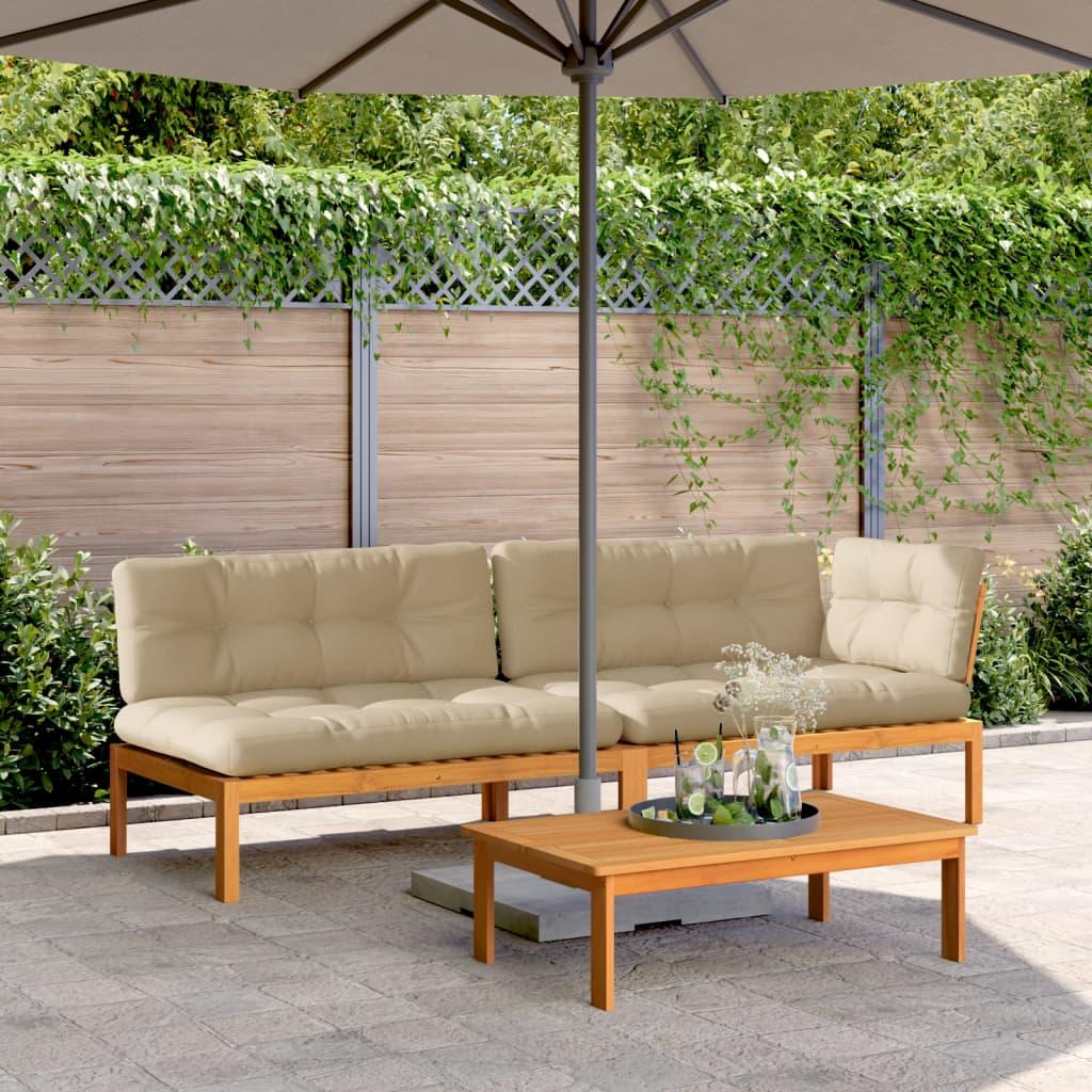Sofasæt til haven i massivt akacietræ – 3 dele med beige hynder, modulær pallesofa med bord