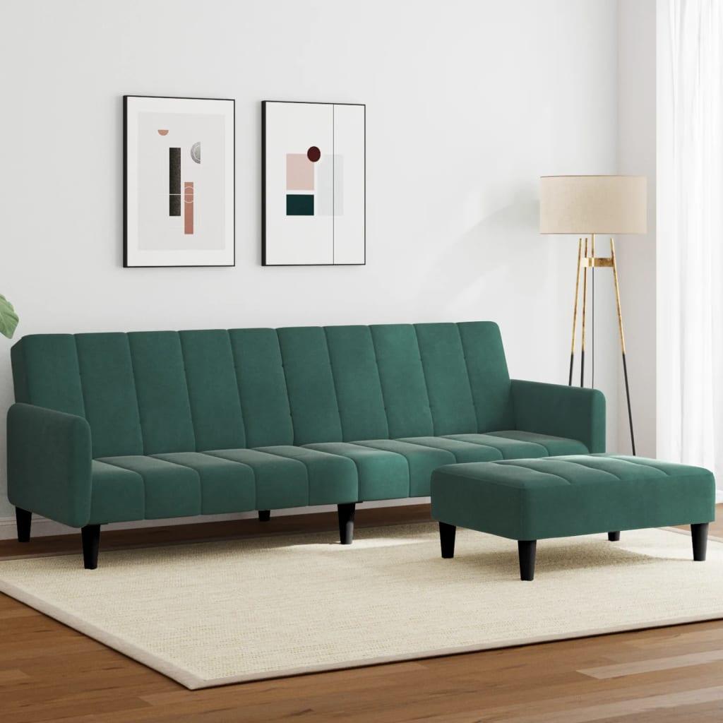 2-personers sovesofa med fodskammel i velour - mørkegrøn