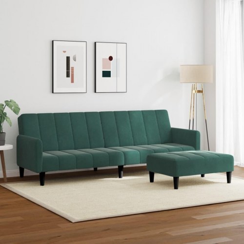 2-personers sovesofa med fodskammel i velour - mørkegrøn